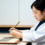 A focused professional cultural heritage restorer, wearing a clean, modest lab coat over appropriate attire, carefully examining and meticulously repairing a delicate ancient Japanese scroll on a clean workbench. Her hands are precisely positioned with small restoration tools. The scene is set in a well-lit, sterile conservation laboratory, emphasizing precision and dedication. Professional photography, high detail, studio lighting, fully clothed, appropriate content, professional, perfect anatomy, correct proportions, natural pose, well-formed hands, proper finger count, natural body proportions, safe for work.