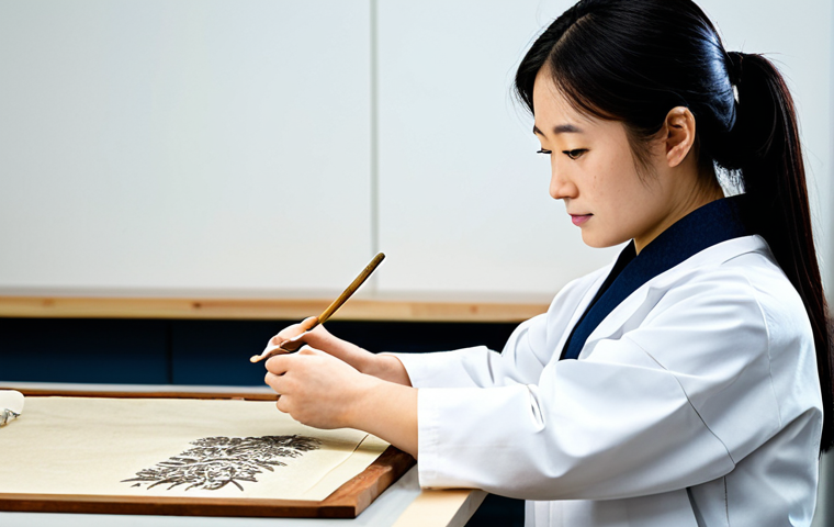 A focused professional cultural heritage restorer, wearing a clean, modest lab coat over appropriate attire, carefully examining and meticulously repairing a delicate ancient Japanese scroll on a clean workbench. Her hands are precisely positioned with small restoration tools. The scene is set in a well-lit, sterile conservation laboratory, emphasizing precision and dedication. Professional photography, high detail, studio lighting, fully clothed, appropriate content, professional, perfect anatomy, correct proportions, natural pose, well-formed hands, proper finger count, natural body proportions, safe for work.