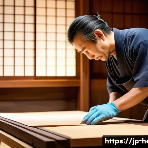 문화재수리업의 현재와 미래 - A detailed scene of a traditional Japanese craftsman in a workshop, wearing a simple kimono and prot...