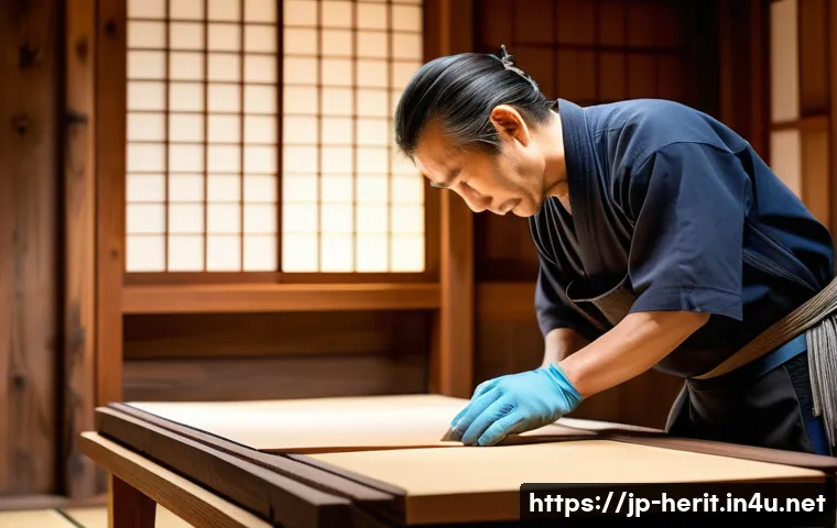 문화재수리업의 현재와 미래 - A detailed scene of a traditional Japanese craftsman in a workshop, wearing a simple kimono and prot...