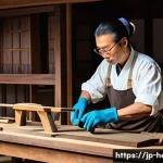 문화재수리 업무의 장단점 - A meticulous restoration workshop scene focusing on a skilled artisan repairing an Edo-period wooden...