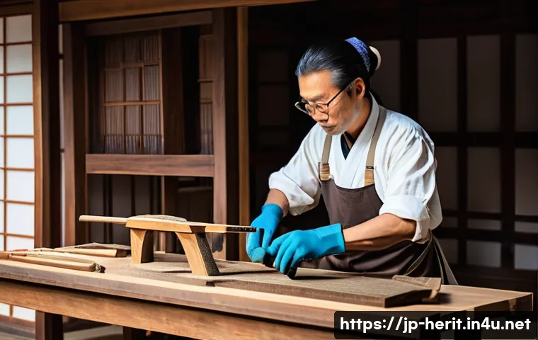 문화재수리 업무의 장단점 - A meticulous restoration workshop scene focusing on a skilled artisan repairing an Edo-period wooden...