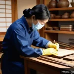 문화재수리 자격증 갱신 및 유지 방법 - A professional conservator in a traditional Japanese workshop meticulously restoring a cultural arti...