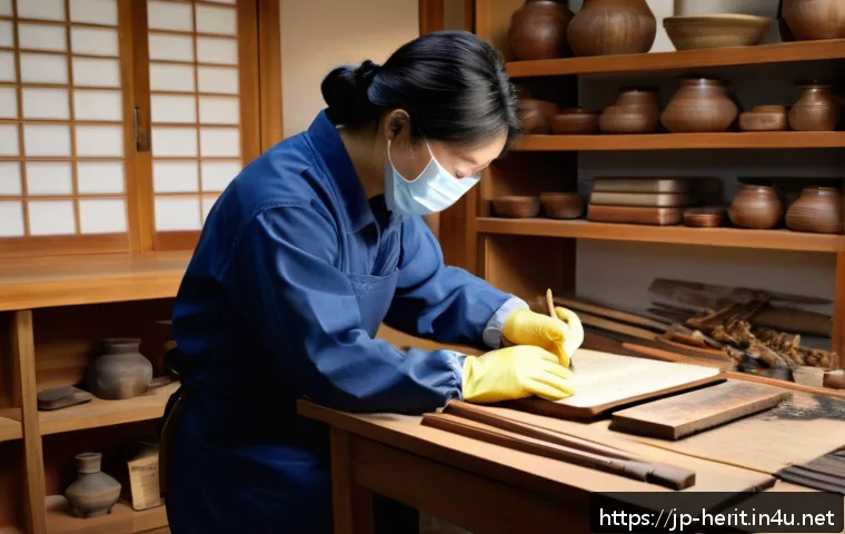 문화재수리 자격증 갱신 및 유지 방법 - A professional conservator in a traditional Japanese workshop meticulously restoring a cultural arti...