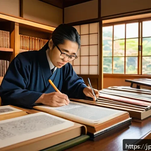 문화재수리 자격증 서적 추천 - A detailed scene of a Japanese cultural heritage conservator studying diligently at a wooden desk fi...