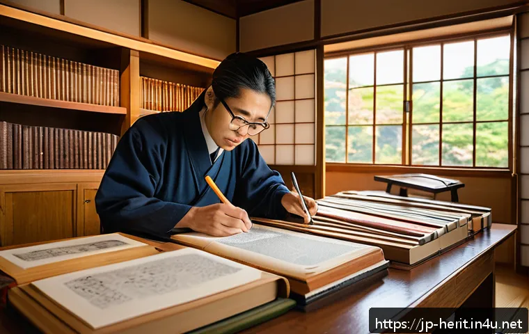 문화재수리 자격증 서적 추천 - A detailed scene of a Japanese cultural heritage conservator studying diligently at a wooden desk fi...