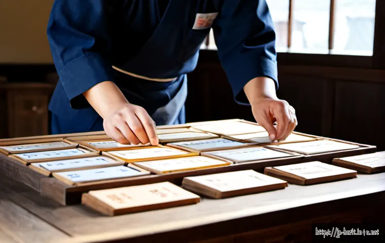 문화재수리 이론을 쉽게 외우는 법 - Photorealistic Japanese heritage restoration study scene, an adult trainee in clean work clothes arr...